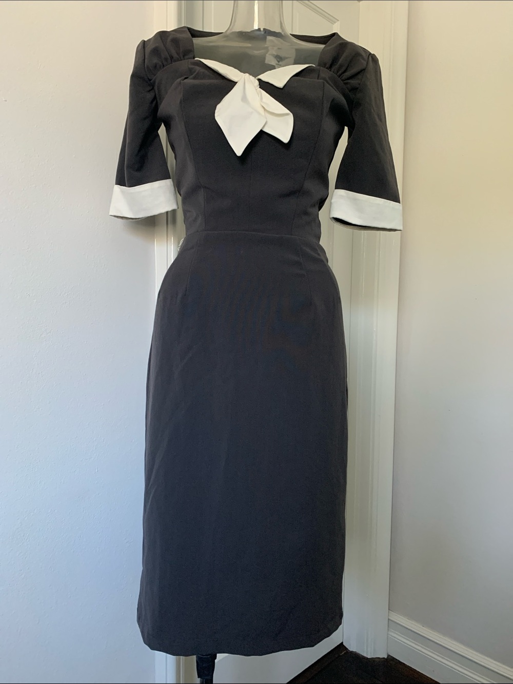 NK Designs Grey Wiggle Dress with White Bow and Sleeves
